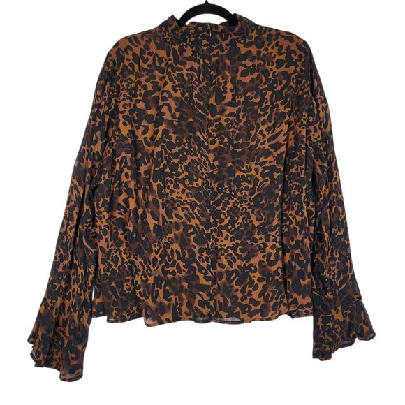Maeve Anthropologie Animal Print Blouse Top Women's 1X Brown Black Flared Sleeve - Picture 2 of 16